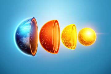 Internal structure of the earth, core structure, geological layers on a blue background. Earth geology concept, magma. 3D illustration, 3D render.