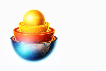 Internal structure of the earth, structure of the core, geological layers on a white background isolate. Earth geology concept, magma. 3D illustration, 3D render.