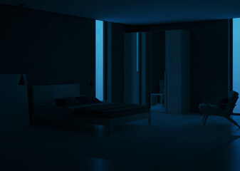 Modern bedroom interior. Emerald color in the interior. Night. Evening lighting. 3D rendering.