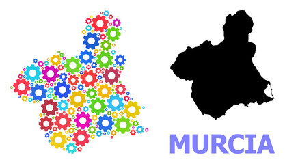 Obraz premium Vector mosaic map of Murcia Province created for engineering. Mosaic map of Murcia Province is organized of randomized colorful wheels. Engineering components in bright colors.