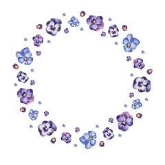 A wreath of pansy flowers. Round frame. Illustration watercolor hand-drawn isolated on a white background. Cute spring design for invitation or greeting card.