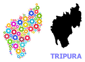 Obraz premium Vector mosaic map of Tripura State done for industrial apps. Mosaic map of Tripura State is constructed from randomized bright gears. Engineering items in bright colors.
