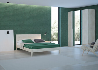 Modern bedroom interior. Emerald color in the interior. 3D rendering.