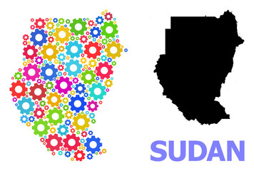 Obraz premium Vector mosaic map of Sudan done for mechanics. Mosaic map of Sudan is done with randomized bright gears. Engineering items in bright colors.