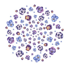 Circle of pansy flowers. Illustration watercolor hand-drawn isolated on a white background. Cute spring design for logo, sticker print and greeting card.