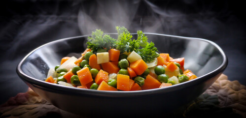 heißes und dampfendes gedünstetes Erbsen Möhren Sellerie Gemüse fokussiert in einer schwarzen Schale mit Petersilie angerichtet