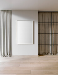 a place for a picture or a framed photo on the wall in a white room with curtains, household items, web banner or template, 3d rendering