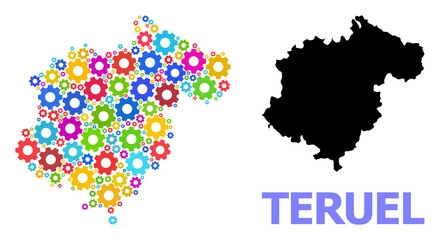 Fototapeta premium Vector composition map of Teruel Province organized for engineering. Mosaic map of Teruel Province is organized from randomized colorful cogs. Engineering components in bright colors.