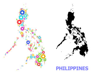 Vector mosaic map of Philippines done for mechanics. Mosaic map of Philippines is made from scattered bright gears. Engineering items in bright colors.