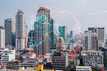 World planet Earth map hologram over panorama city view of Bangkok, Asia. The concept of international connections and business. Multi Exposure.