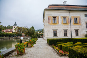 State Chateau Kratochvile, Renaissance residence in watercolor style surrounded by a park and water moat located in South Bohemia, Czech Republic