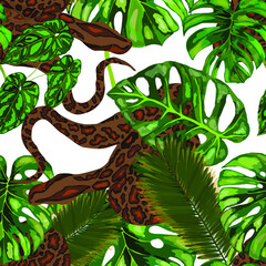 Beautiful seamless pattern with python and tropical leaves. Beautiful allover print with hand drawn exotic plants and snake. Swimwear botanical design. Vector.