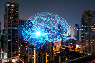 Human brain hologram, aerial panoramic city view of Bangkok at night. Educational cluster in Asia. The concept of artificial intelligence. Double exposure.