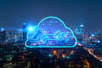 Information cloud hologram, aerial panoramic cityscape of Bangkok at night. The concept of secure storing digital data in Asia. Multi exposure.