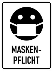 Maskenpflicht ("Face Masks Required" in German) Vertical Instruction Warning Sign with an Aspect Ratio of 3:4. Vector Image.