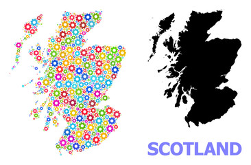 Vector mosaic map of Scotland created for engineering. Mosaic map of Scotland is created with random bright gear wheels. Engineering components in bright colors.