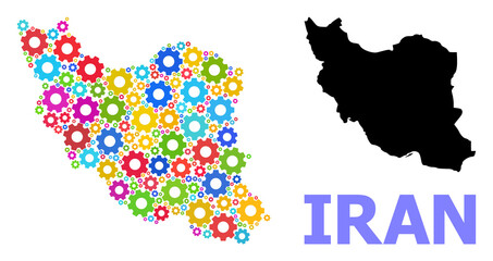 Vector mosaic map of Iran designed for workshops. Mosaic map of Iran is composed from random bright gears. Engineering items in bright colors.