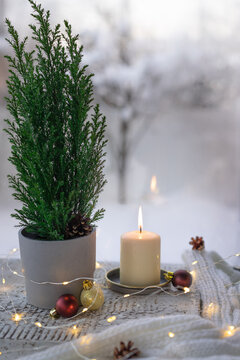Christmas composition on the windowsill with potted Christmas tree, burning candle, festive lights, white knitted blanket. Winter landscape outside the window. Cozy home concept. Vertical image