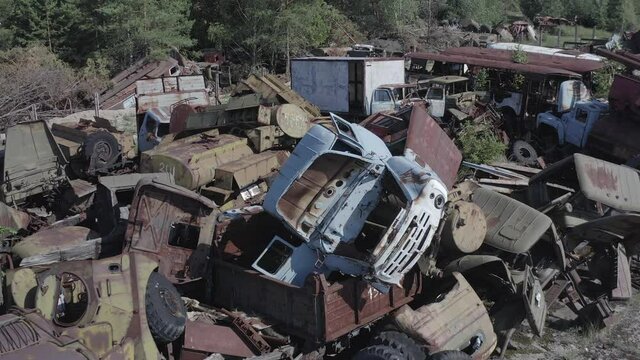 Video from the drone. Equipment cemetery in the village of Buryakovka. Radioactive transport that participated in the liquidation of the Chernobyl accident. Remains of burial equipment.  
