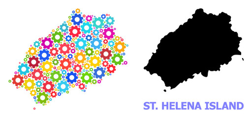 Obraz premium Vector mosaic map of Saint Helena Island designed for workshops. Mosaic map of Saint Helena Island is shaped from randomized bright wheels. Engineering items in bright colors.