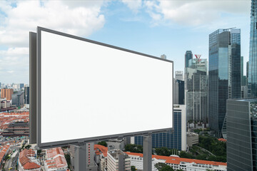Fototapeta premium Blank white road billboard with Singapore cityscape background at day time. Street advertising poster, mock up, 3D rendering. Side view. The concept of marketing communication or sell idea.