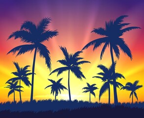 Fototapeta na wymiar Tropical trees silhouettes on sunset