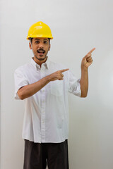 Worker with helmet isolated on white background.