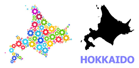 Vector mosaic map of Hokkaido Island organized for engineering. Mosaic map of Hokkaido Island is organized of random colorful gears. Engineering components in bright colors.