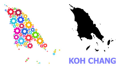 Vector composition map of Koh Chang designed for industrial apps. Mosaic map of Koh Chang is designed of random bright gears. Engineering items in bright colors.