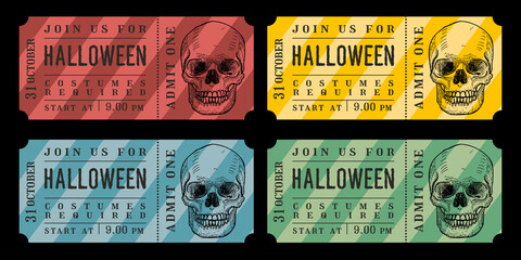 Halloween retro ticket colorful vintage vector set with skull illustration.