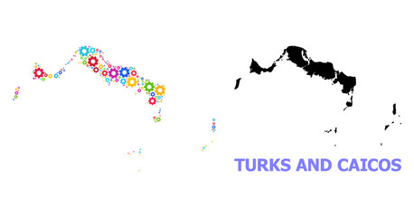 Vector mosaic map of Turks and Caicos Islands constructed for engineering. Mosaic map of Turks and Caicos Islands is composed of scattered colored gears. Engineering components in bright colors.