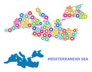 Vector mosaic map of Mediterranean Sea designed for industrial apps. Mosaic map of Mediterranean Sea is composed of randomized bright gears. Engineering components in bright colors.