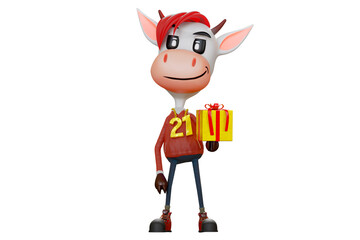 3d rendering of the cute adorable cow wearing a red long sleeve shirt with number 21 for new year season 2021 and holding a yellow gift box, isolated on white background with clipping paths.