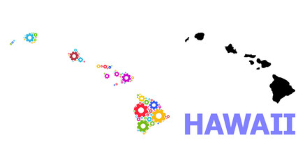 Vector mosaic map of Hawaii State designed for engineering. Mosaic map of Hawaii State is done from random colorful gears. Engineering items in bright colors.