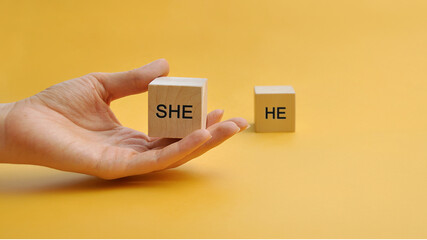 Wooden cubie with the words he and she. Gender inequality. The choice in favor of women