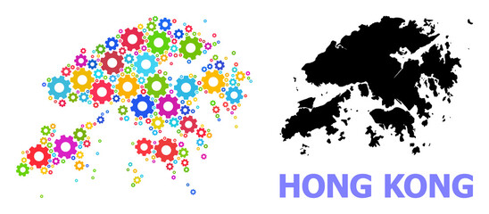 Vector mosaic map of Hong Kong constructed for industrial apps. Mosaic map of Hong Kong is made from randomized bright gear wheels. Engineering items in bright colors.