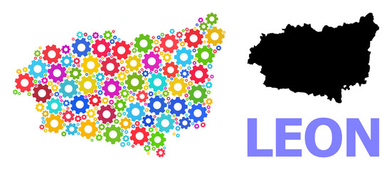 Vector mosaic map of Leon Province designed for engineering. Mosaic map of Leon Province is created from randomized bright wheels. Engineering components in bright colors.