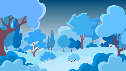 Winter holiday background with trees, bush, sky, clouds. Christmas snowy forest. Vector rural evening landscape. Bright banner for stylish web design. Natural seasonal web-banner. Modern illustration