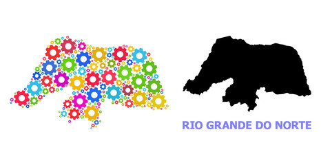 Obraz premium Vector mosaic map of Rio Grande do Norte State designed for mechanics. Mosaic map of Rio Grande do Norte State is designed of scattered bright gear wheels. Engineering items in bright colors.