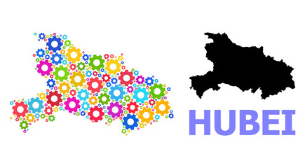 Obraz premium Vector mosaic map of Hubei Province organized for industrial apps. Mosaic map of Hubei Province is organized with randomized colorful wheels. Engineering components in bright colors.