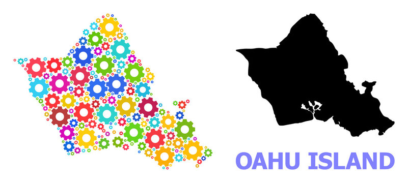 Vector composition map of Oahu Island organized for engineering. Mosaic map of Oahu Island is created with scattered bright gear wheels. Engineering components in bright colors.