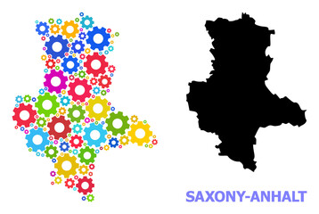 Fototapeta premium Vector mosaic map of Saxony-Anhalt State designed for mechanics. Mosaic map of Saxony-Anhalt State is done from scattered bright cogs. Engineering items in bright colors.