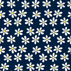 Beautiful small white chamomile flowers isolated on dark blue background. Cute floral seamless pattern. Vector flat graphic hand drawn illustration. Texture.