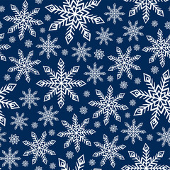 Naklejka na ściany i meble Beautiful white snowflakes isolated on blue background. Cute festive seamless pattern. Vector flat graphic hand drawn illustration. Texture.