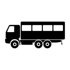 Truck icon. Heavy large off-road vehicle for transporting people. Black silhouette. Side view. Shift worker. Vector flat graphic illustration. The isolated object on a white background. Isolate.