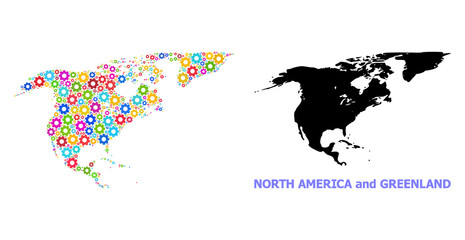 Vector mosaic map of North America and Greenland combined for services. Mosaic map of North America and Greenland is formed of randomized bright gears. Engineering components in bright colors.