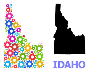Vector mosaic map of Idaho State combined for engineering. Mosaic map of Idaho State is done of randomized multi-colored cogs. Engineering components in bright colors.