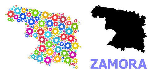 Obraz premium Vector collage map of Zamora Province constructed for services. Mosaic map of Zamora Province is designed from random bright wheels. Engineering items in bright colors.