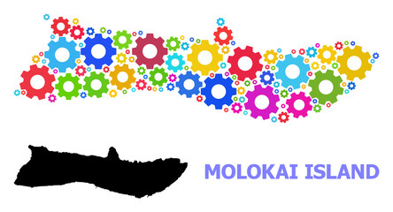Vector mosaic map of Molokai Island combined for industrial apps. Mosaic map of Molokai Island is organized from random bright gear wheels. Engineering items in bright colors.