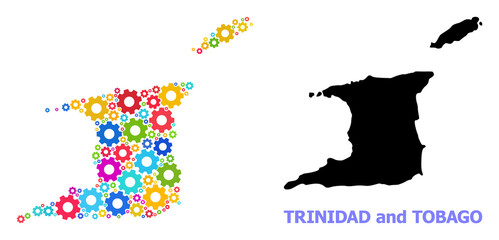 Obraz premium Vector mosaic map of Trinidad and Tobago created for services. Mosaic map of Trinidad and Tobago is made from scattered bright cogs. Engineering components in bright colors.